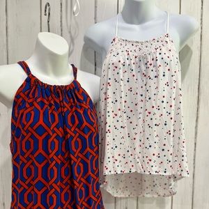 Two Flowy Halter Tops Red, White with Blue, Sz. S & Junior Med